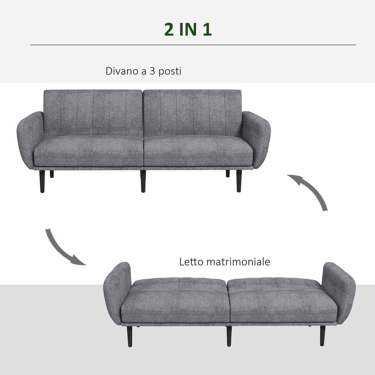 easycomfort easycomfort divano letto 3 posti con schienale reclinabile a 3 livelli in tessuto 208x84x82cm grigio