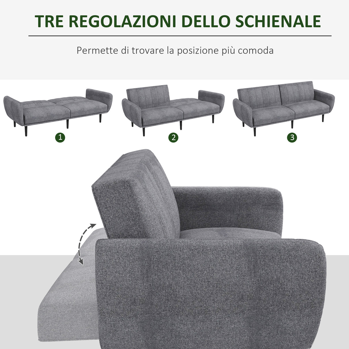 easycomfort easycomfort divano letto 3 posti con schienale reclinabile a 3 livelli in tessuto 208x84x82cm grigio