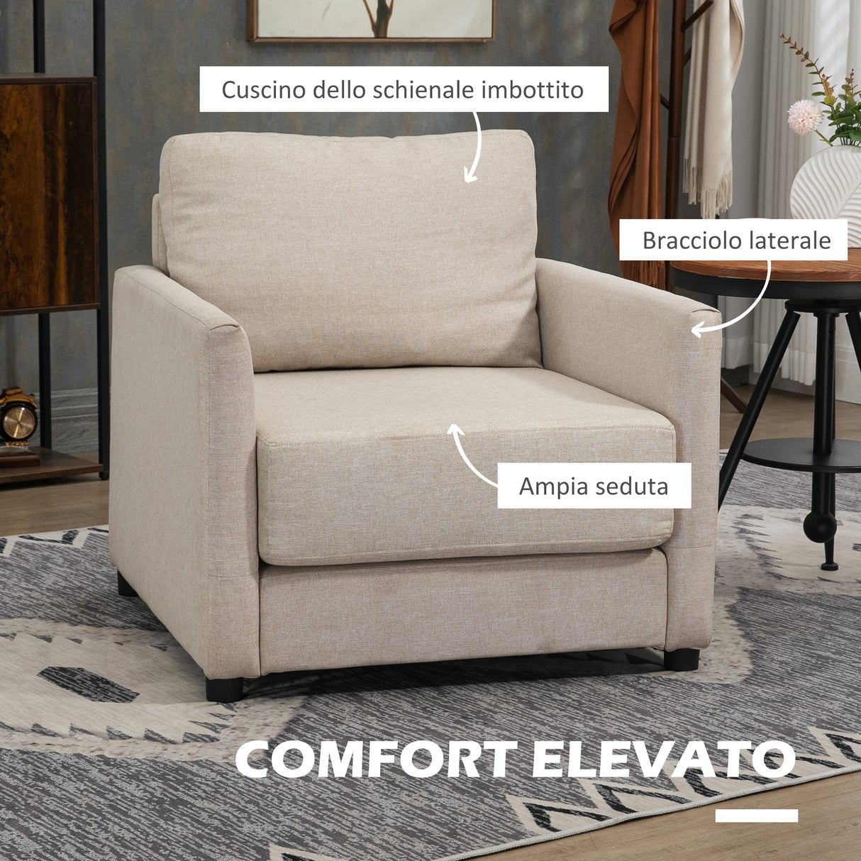 easycomfort easycomfort poltrona moderna in tessuto traspirante effetto lino con tasca interna 80x85x88 cm beige
