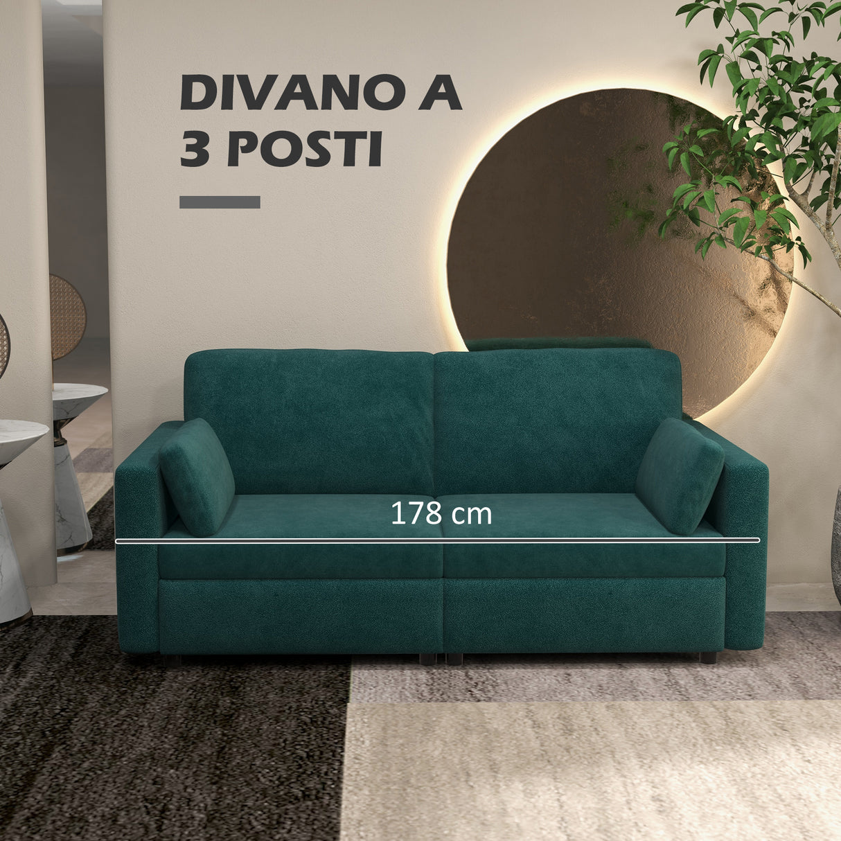easycomfort easycomfort divano 3 posti in velluto con cuscini e seduta imbottita 178x82x85cm verde scuro