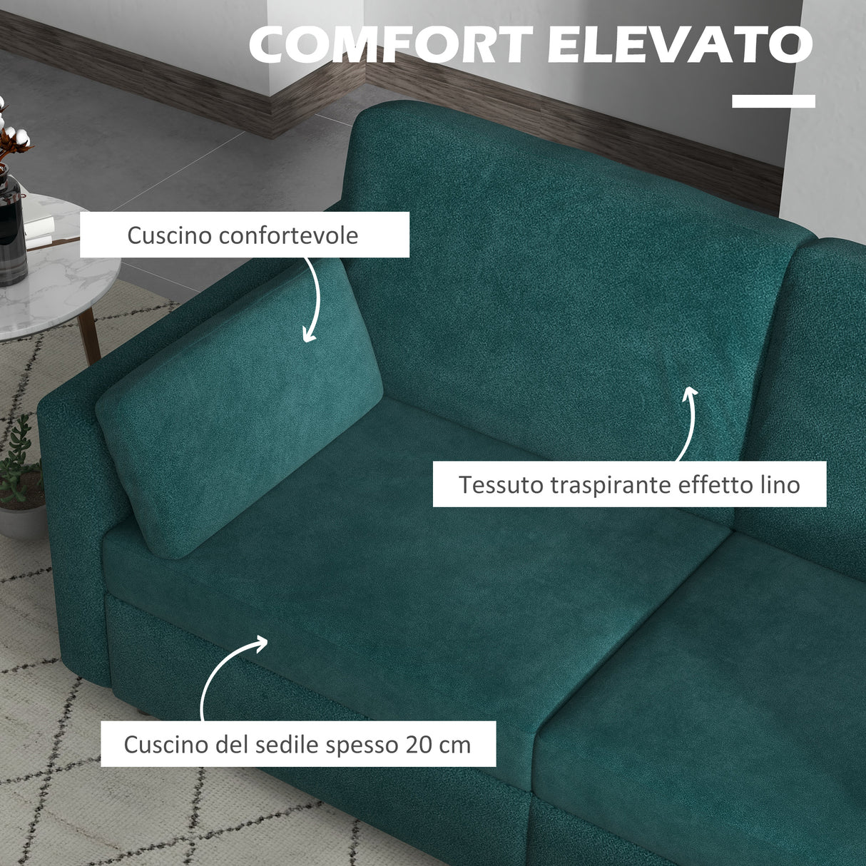easycomfort easycomfort divano 3 posti in velluto con cuscini e seduta imbottita 178x82x85cm verde scuro