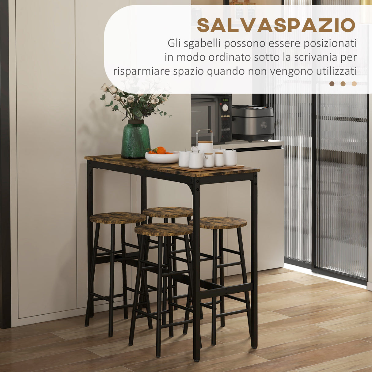 easycomfort easycomfort set tavolo e sedie 5 pezzi con 4 sgabelli con poggiapiedi e tavolo rettangolare nero e marrone