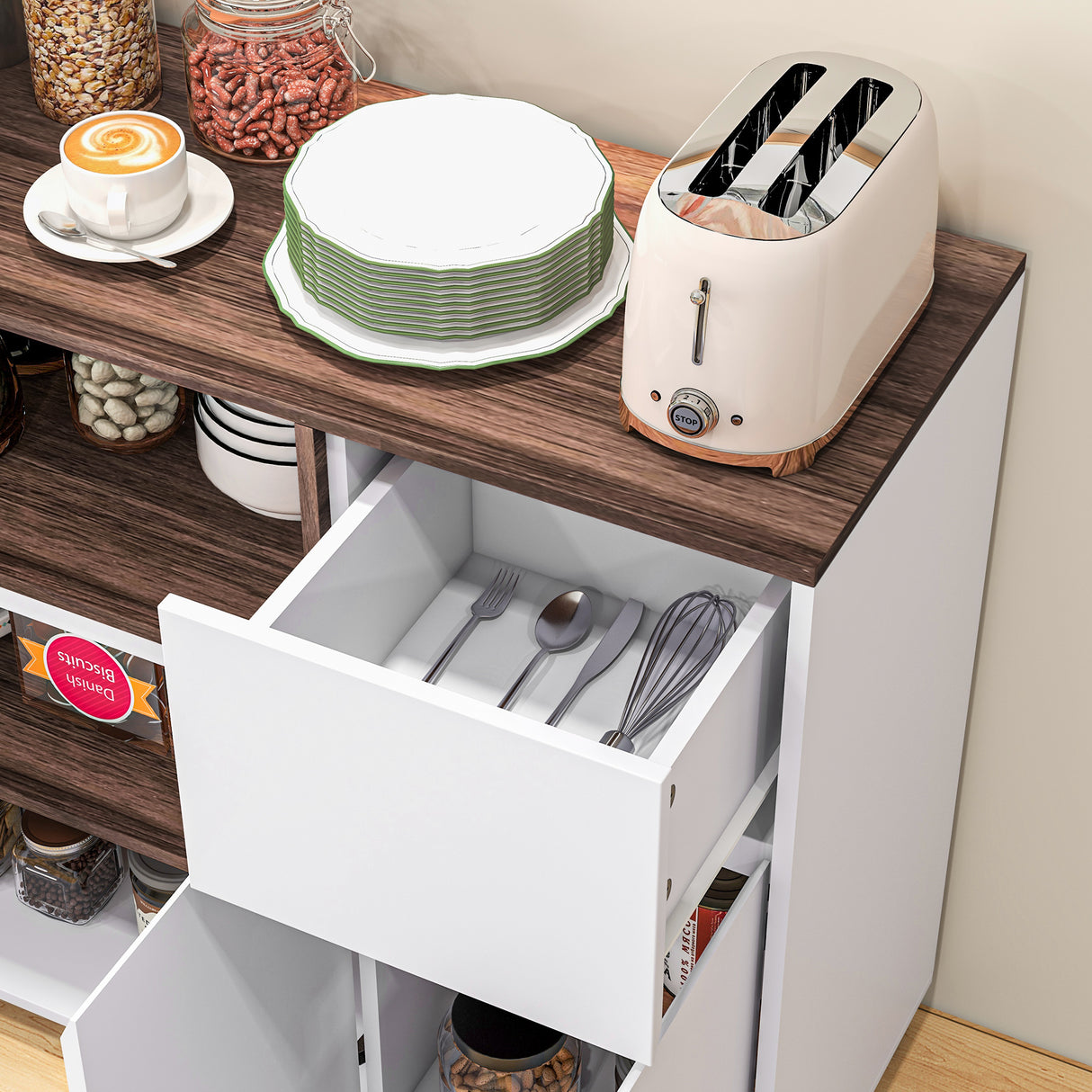 easycomfort easycomfort credenza moderna da cucina in legno con armadietti cassetto e vano aperto 105x39x83cm bianco