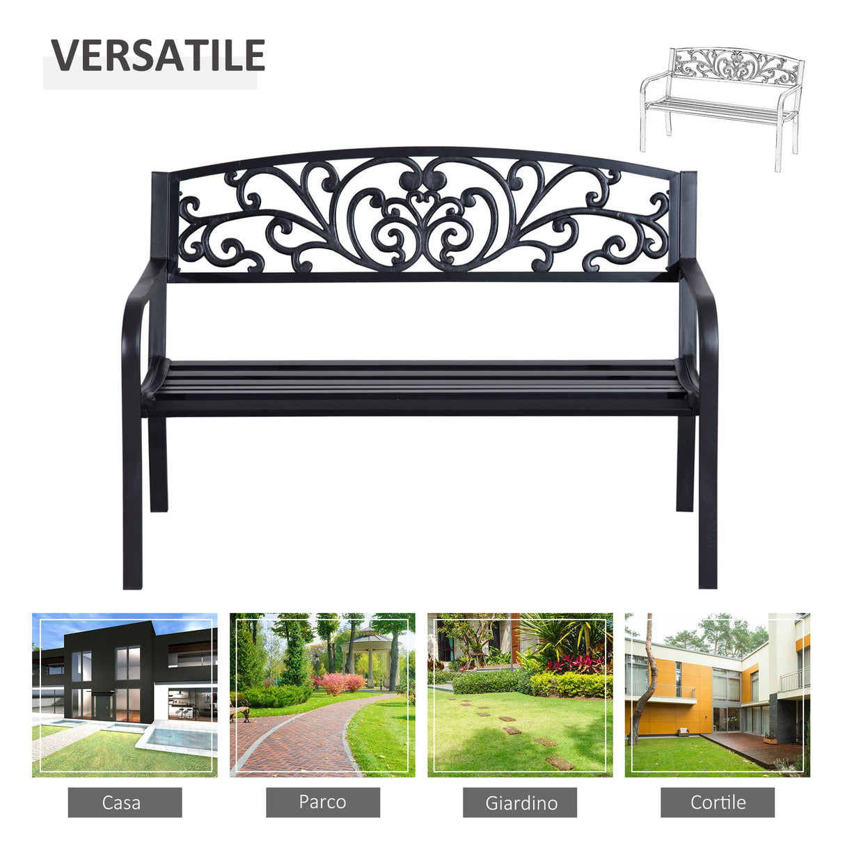 easycomfort easycomfort panchina da giardino in metallo con schienale decorato 127x60x87cm nero