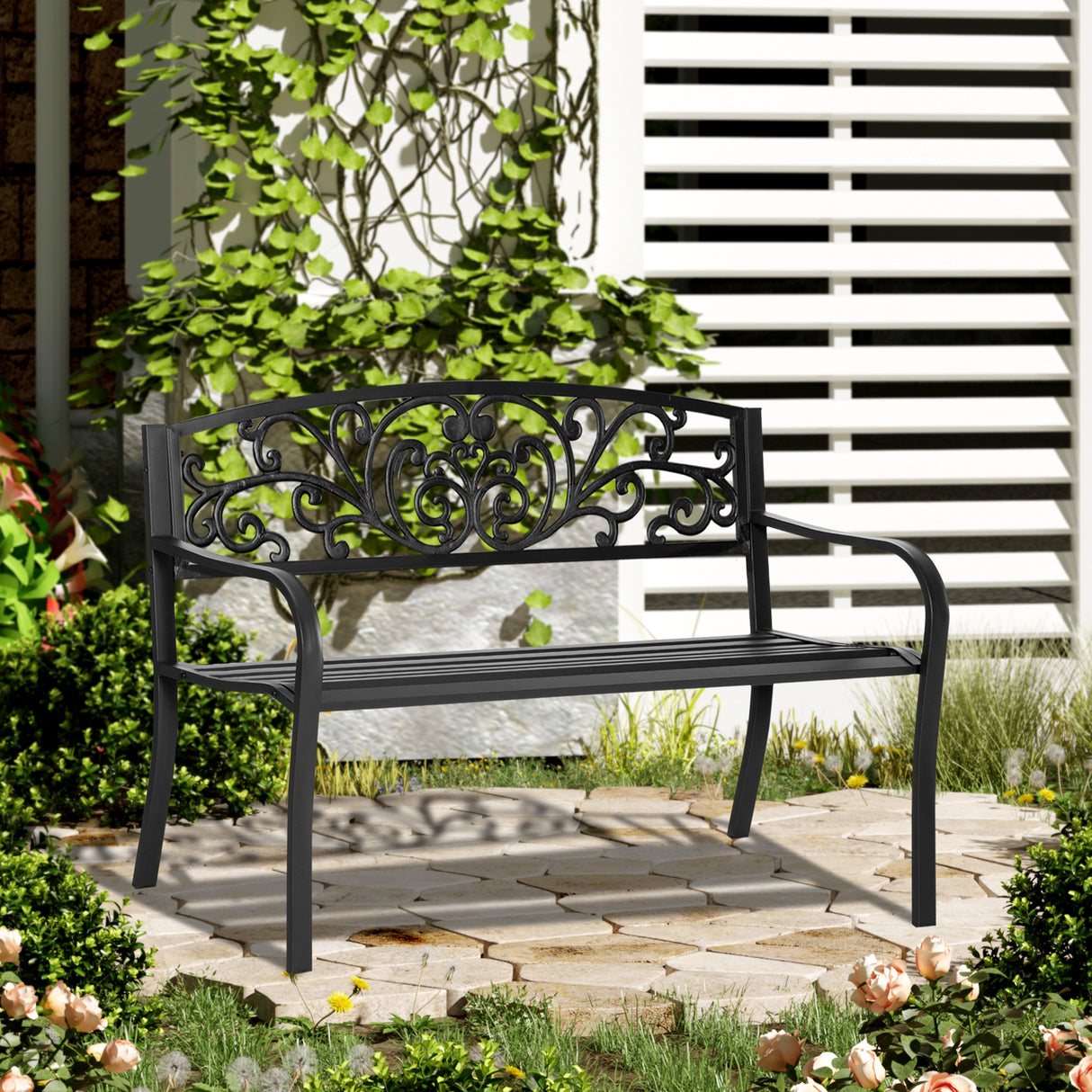 easycomfort easycomfort panchina da giardino in metallo con schienale decorato 127x60x87cm nero
