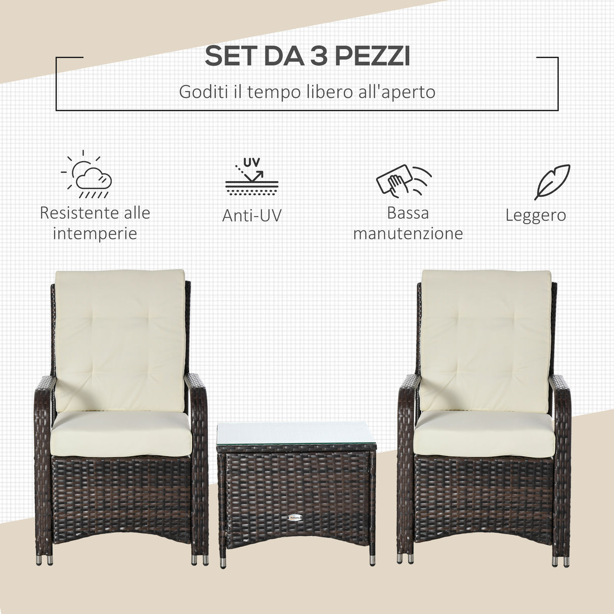 easycomfort easycomfort set mobili da giardino in rattan pe con tavolino e 2 sedie con cuscini sfoderabili marrone e crema