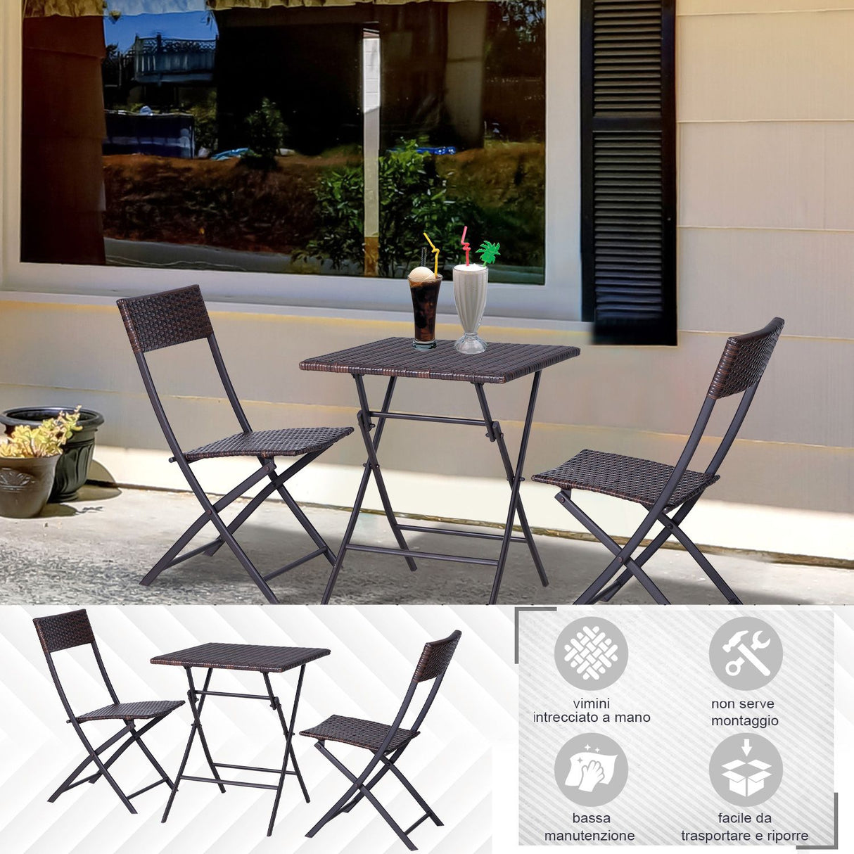 easycomfort easycomfort mobili da giardino in rattan set 1 tavolino e 2 sedie da giardino pieghevoli 3pz marrone ean 8054144138763