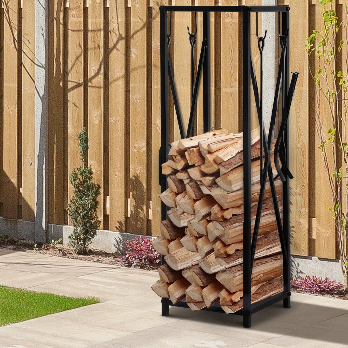 easycomfort easycomfort portalegna da interno ed esterno salvaspazio in metallo con paletta scopino attizzatoio e pinza 34x34x111cm nero