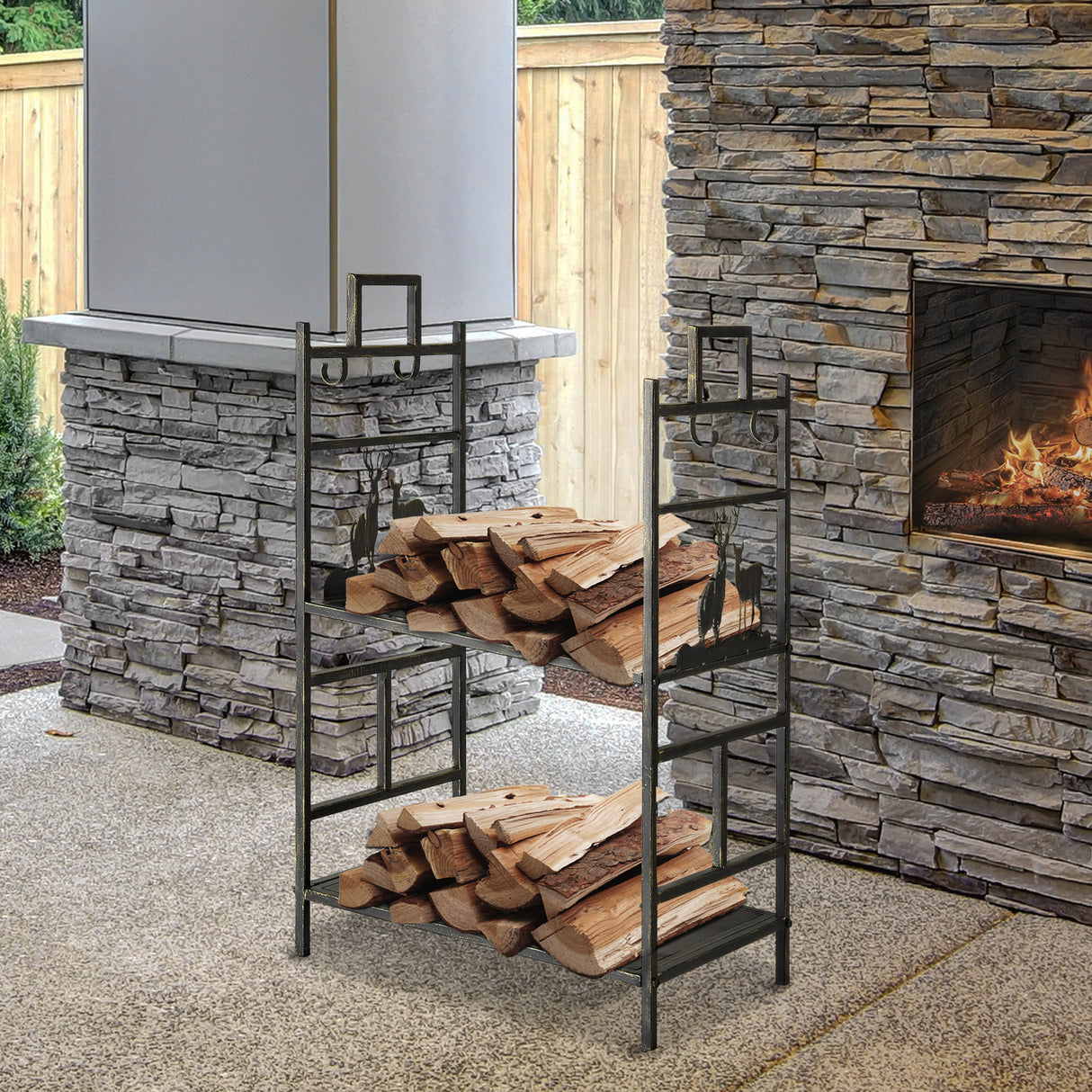 easycomfort easycomfort portalegna in ferro battuto con attrezzi per camino e manici base porta legna rialzata e decori 51.5x33x77cm nero