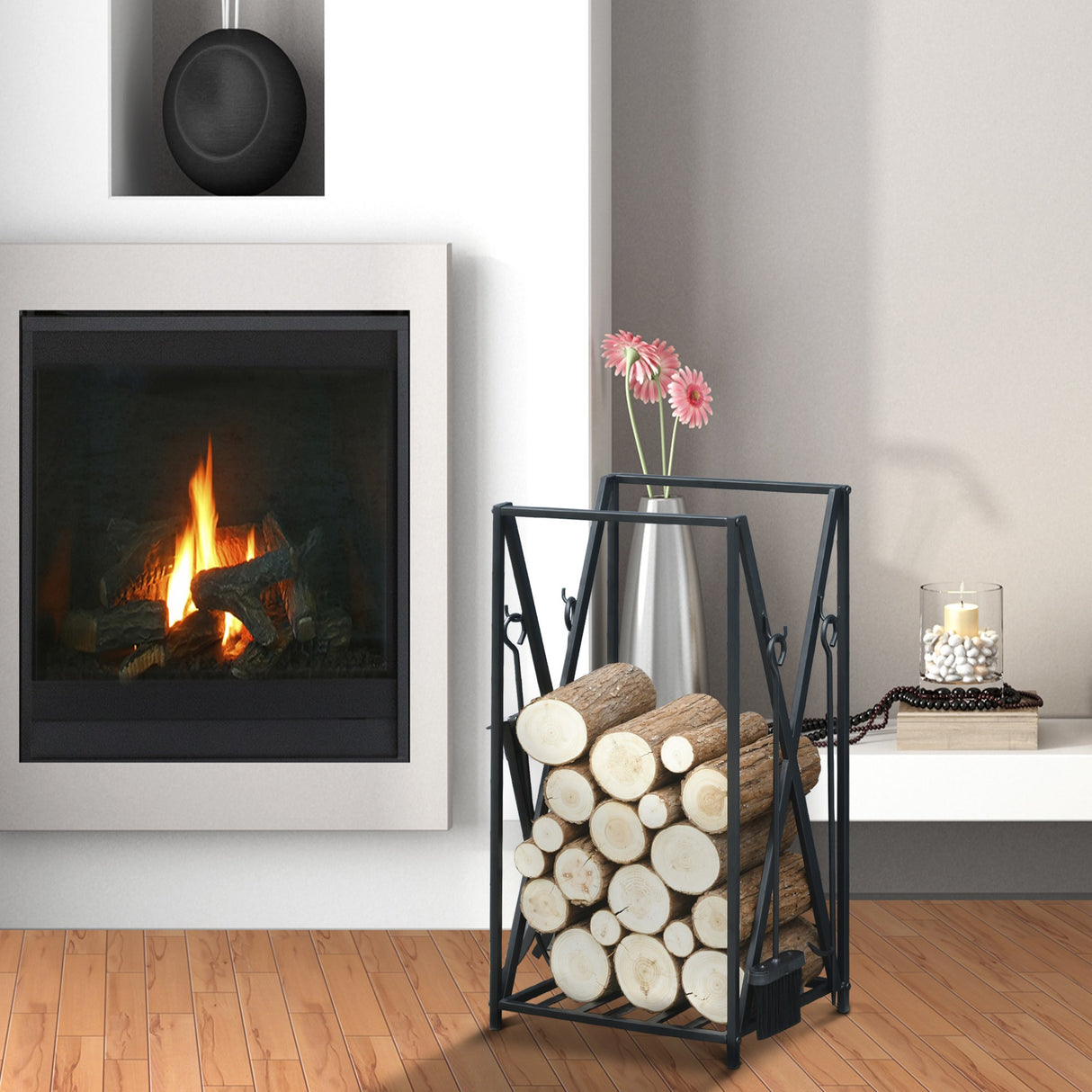 easycomfort easycomfort portalegna da interno ed esterno in acciaio porta legna per camino con attizzatoio paletta scopino pinza 46x30x76cm nero