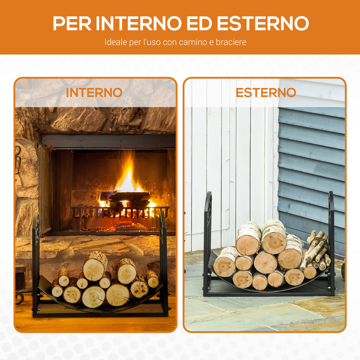 easycomfort easycomfort portalegna da interno ed esterno in metallo con ripiano curvo fino 60kg di legna nero