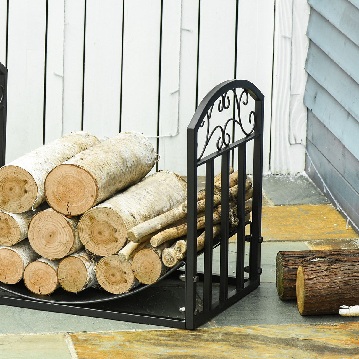 easycomfort easycomfort portalegna da interno ed esterno in metallo con ripiano curvo fino 60kg di legna nero