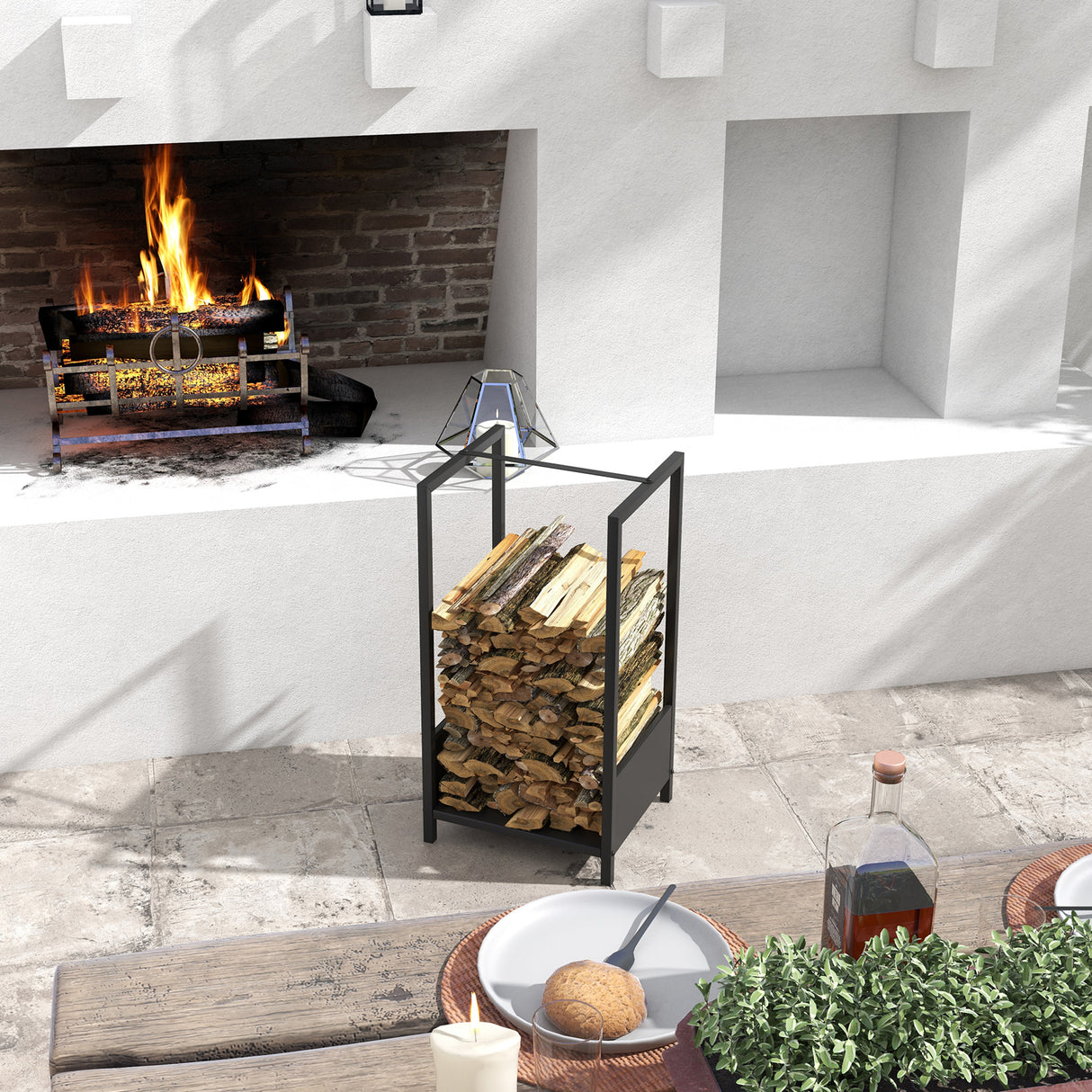 easycomfort easycomfort scaffale portalegna da esterno e interno in acciaio con base rialzata 39x35x76cm nero