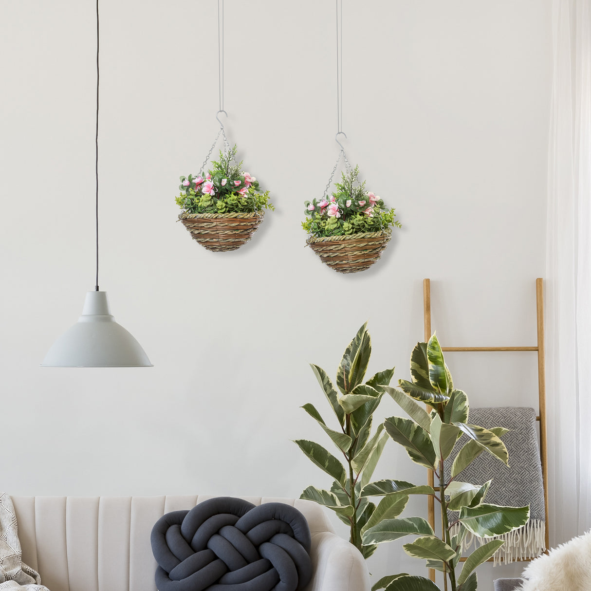 easycomfort easycomfort set di 2 piante finte lisianthus da appendere per interno ed esterno con vaso in vimini e catenelle 25x34cm rosa e verde