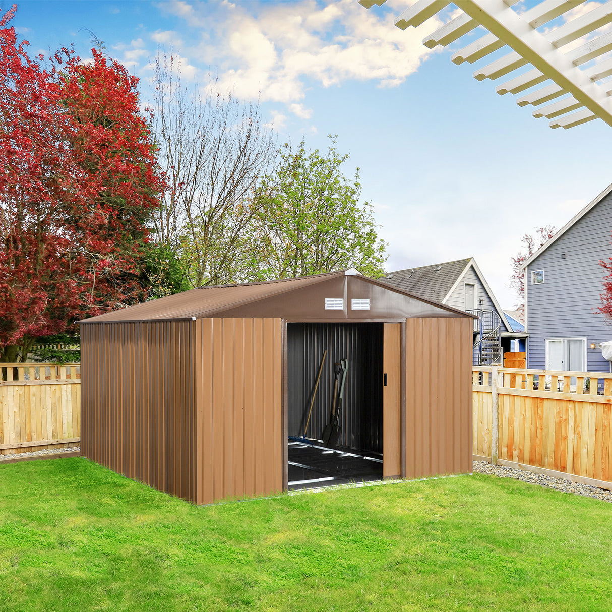 easycomfort easycomfort casetta da giardino con 2 porte scorrevoli e 4 prese daria in acciaio e pp 340x386x200cm giallo