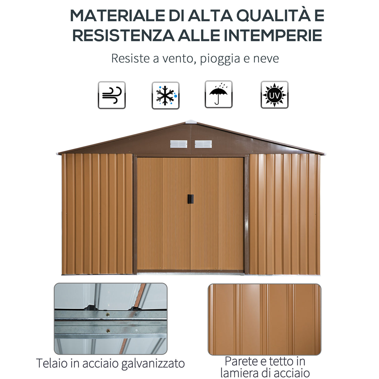 easycomfort easycomfort casetta da giardino con 2 porte scorrevoli e 4 prese daria in acciaio e pp 340x386x200cm giallo