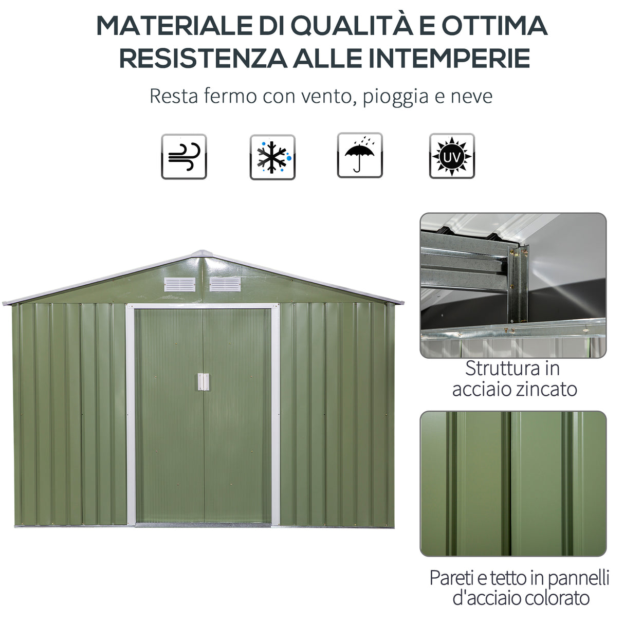 easycomfort easycomfort casetta da giardino con 2 porte scorrevoli e 4 prese daria in acciaio e pp 277x195x192cm verde chiaro