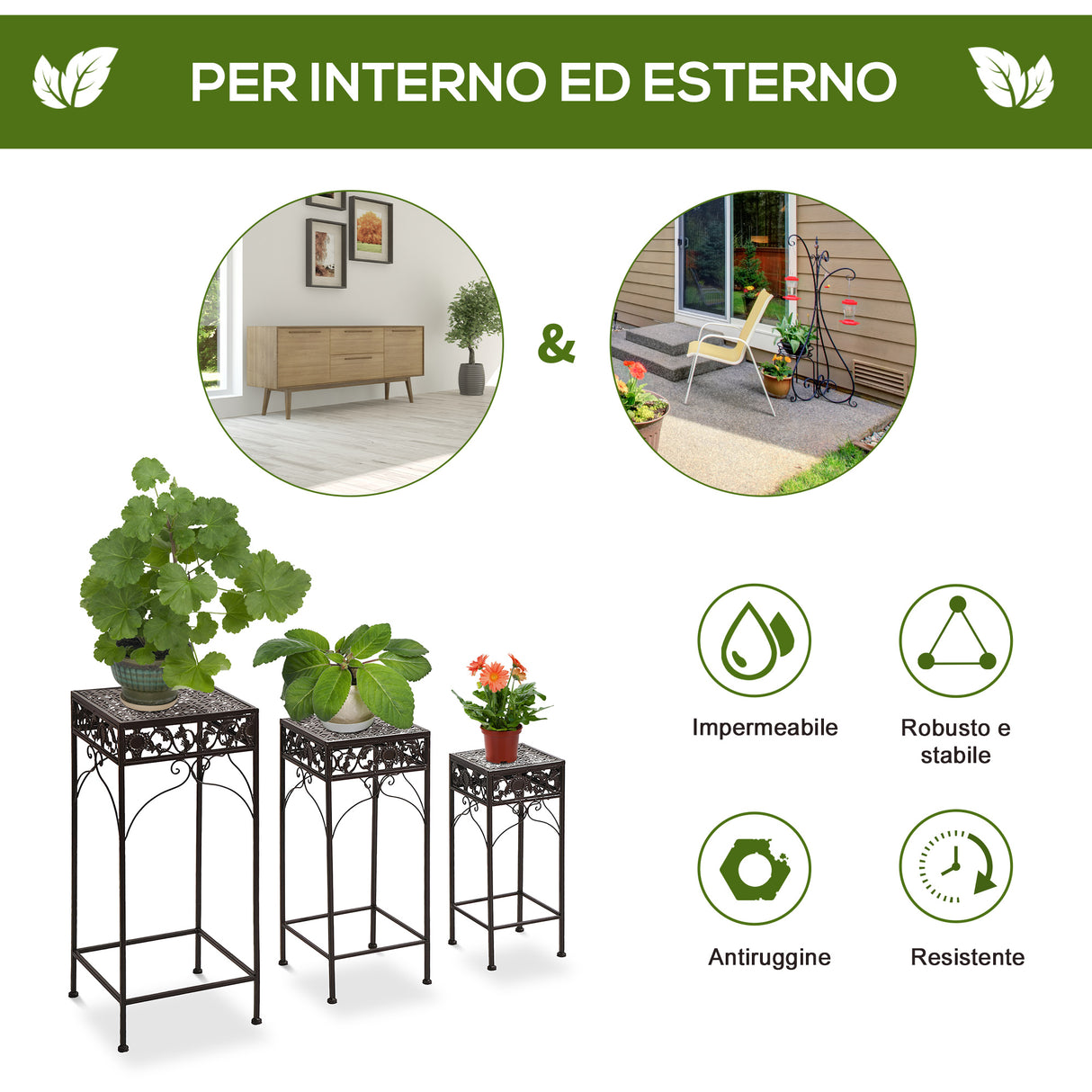easycomfort easycomfort set 3 pezzi piedistallo porta piante in ferro battuto marrone ean 8054111847490