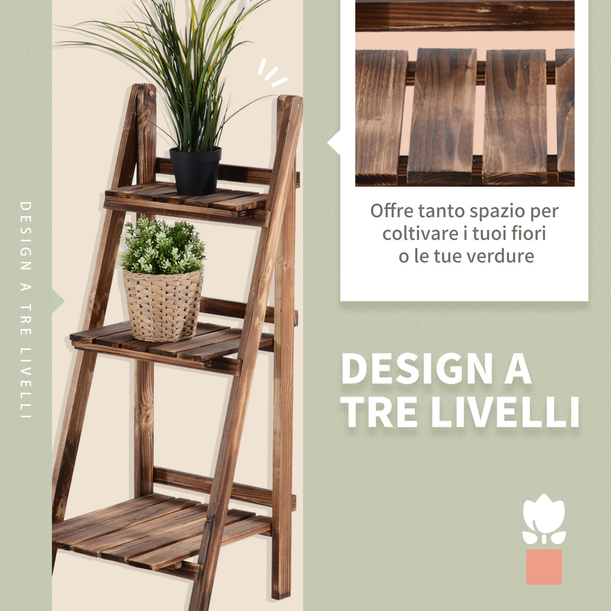 easycomfort easycomfort scaffale portapiante pieghevole in legno di abete con 3 livelli da esterno 40x37x93cm