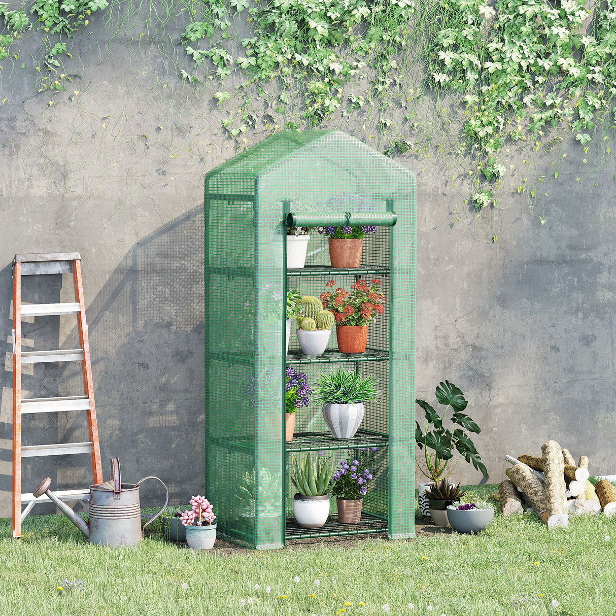 easycomfort easycomfort serra per piante verticale con scaffale a 4 ripiani in acciaio e pe verde scuro 70x50x160cm