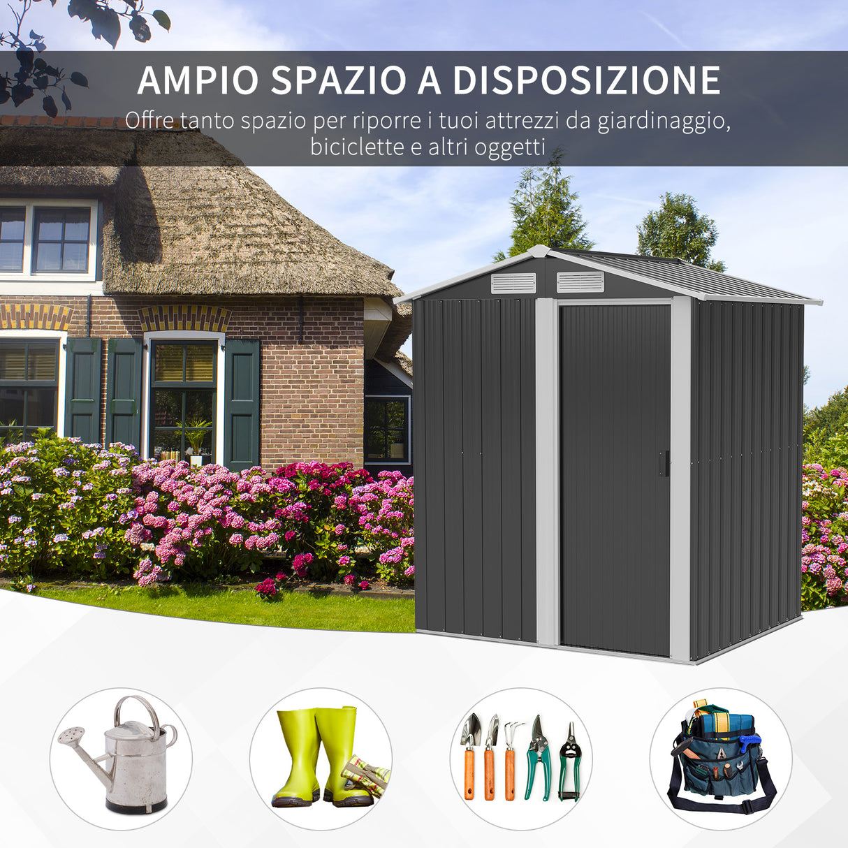 easycomfort easycomfort casetta da giardino porta attrezzi in acciaio tetto inclinato e 4 prese daria 152x132x188cm