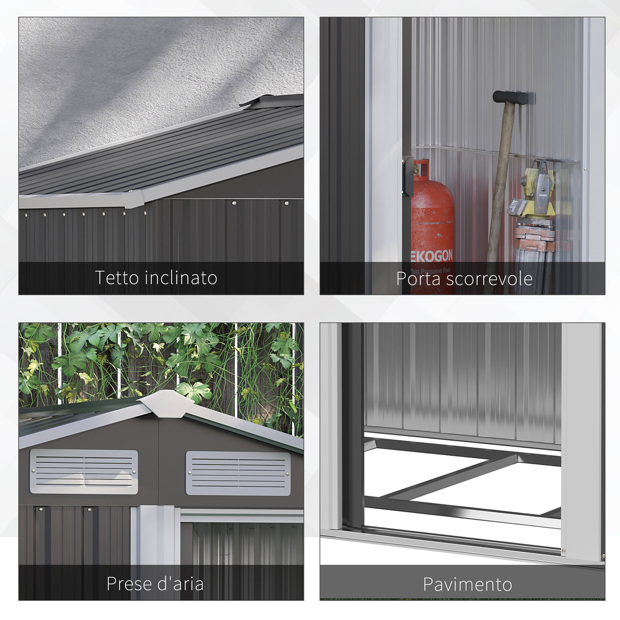 easycomfort easycomfort casetta da giardino porta attrezzi in acciaio tetto inclinato e 4 prese daria 152x132x188cm