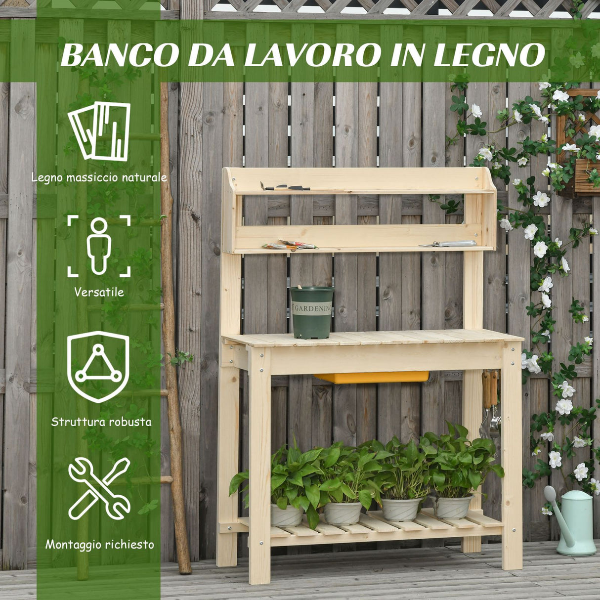 easycomfort easycomfort banco da lavoro per giardinaggio in legno naturale con vaschetta integrata mensole e ganci 100x40x140cm