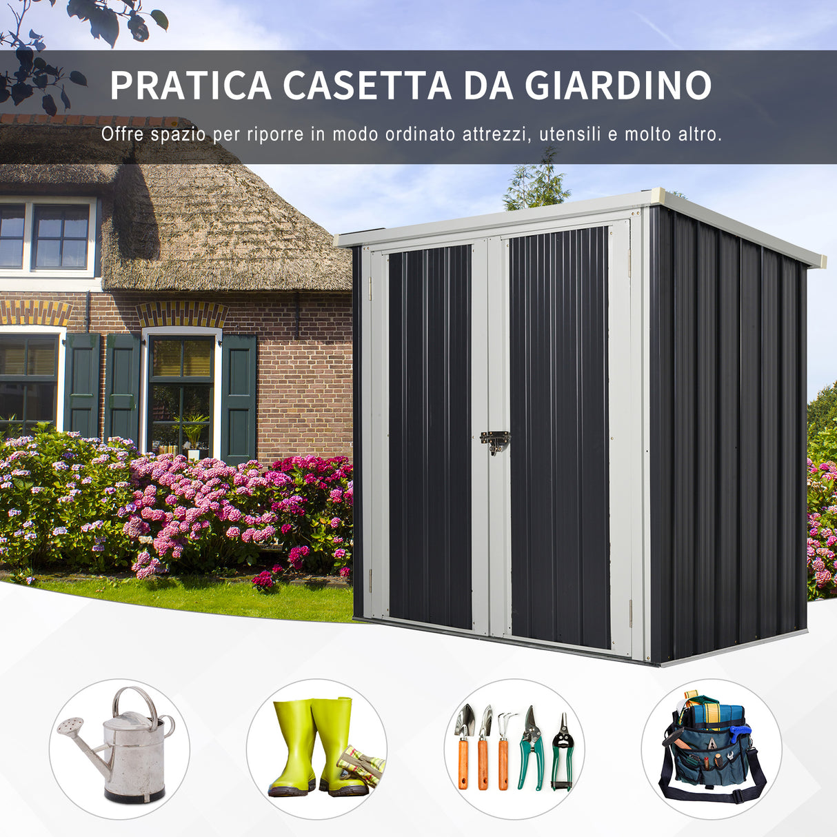 easycomfort easycomfort casetta da giardino in lamiera di acciaio con doppia porta 147x86x134cm nero e bianco
