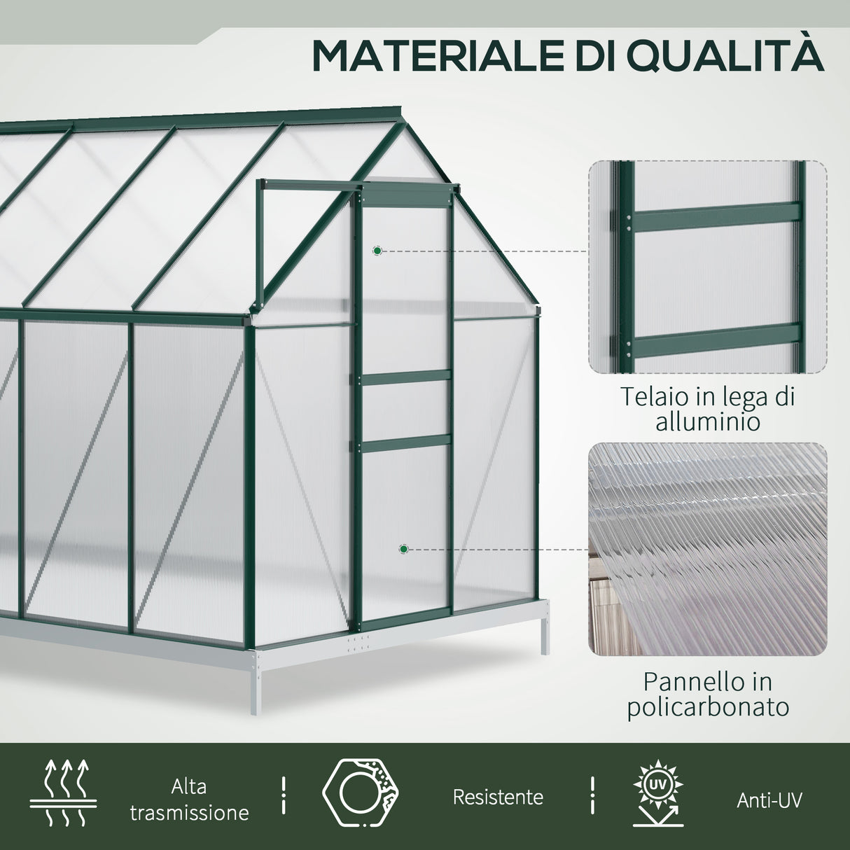 easycomfort easycomfort serra da giardino in policarbonato 190x375x199cm con finestra apribile e porta scorrevole struttura in alluminio verde