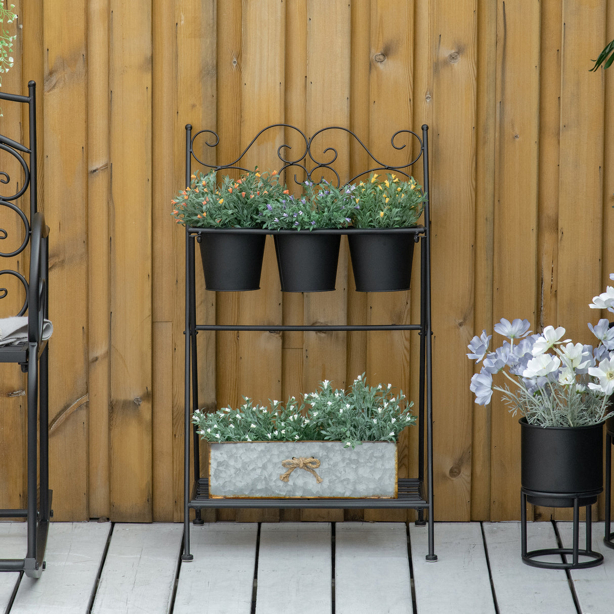 easycomfort easycomfort portapiante in metallo pieghevole con 3 vasi e ripiano inferiore per casa e giardino 47x37x78.5cm nero