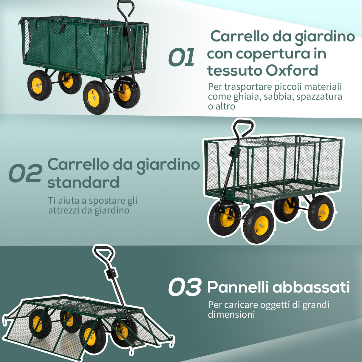easycomfort easycomfort carrello da giardino in acciaio con pareti laterali ribaltabili e 4 ruote capienza 342l verde