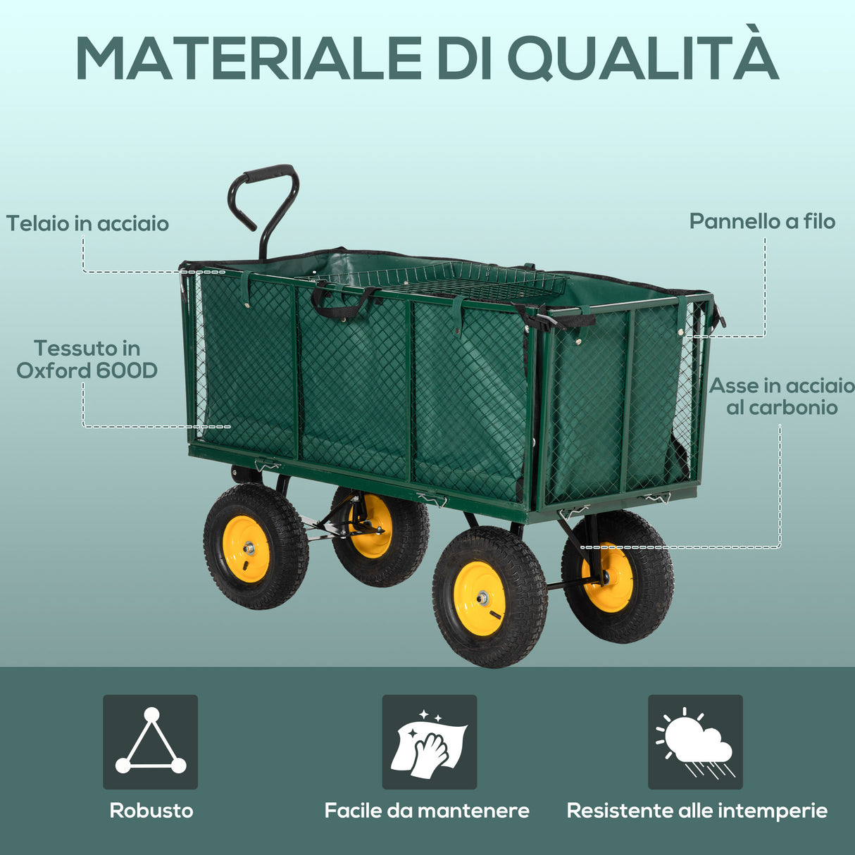 easycomfort easycomfort carrello da giardino in acciaio con pareti laterali ribaltabili e 4 ruote capienza 342l verde