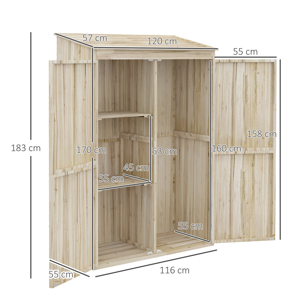 easycomfort easycomfort casetta da giardino in legno di abete con 2 porte e ripiani 120x57x183cm naturale