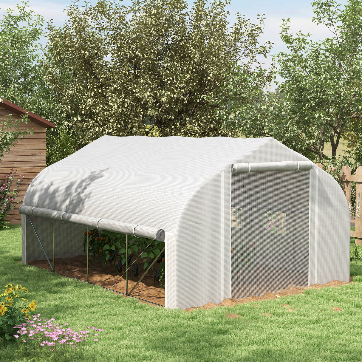 easycomfort easycomfort serra da giardino 4x3m a tunnel con copertura in pe porta e 8 finestre avvolgibili bianco