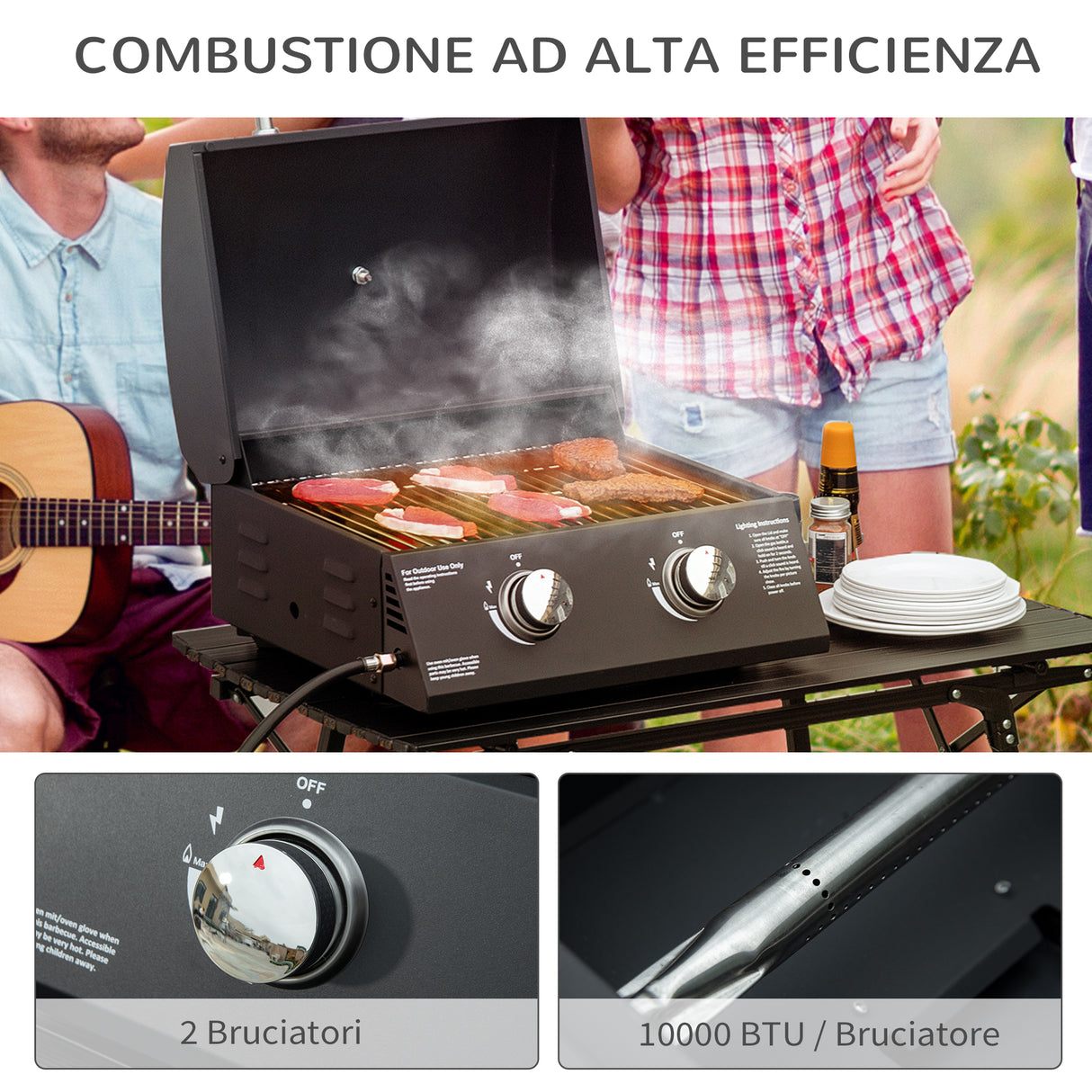 easycomfort easycomfort barbecue a gas pieghevole con coperchio termometro e 2 bruciatori in acciaio 55x46.5x41cm nero