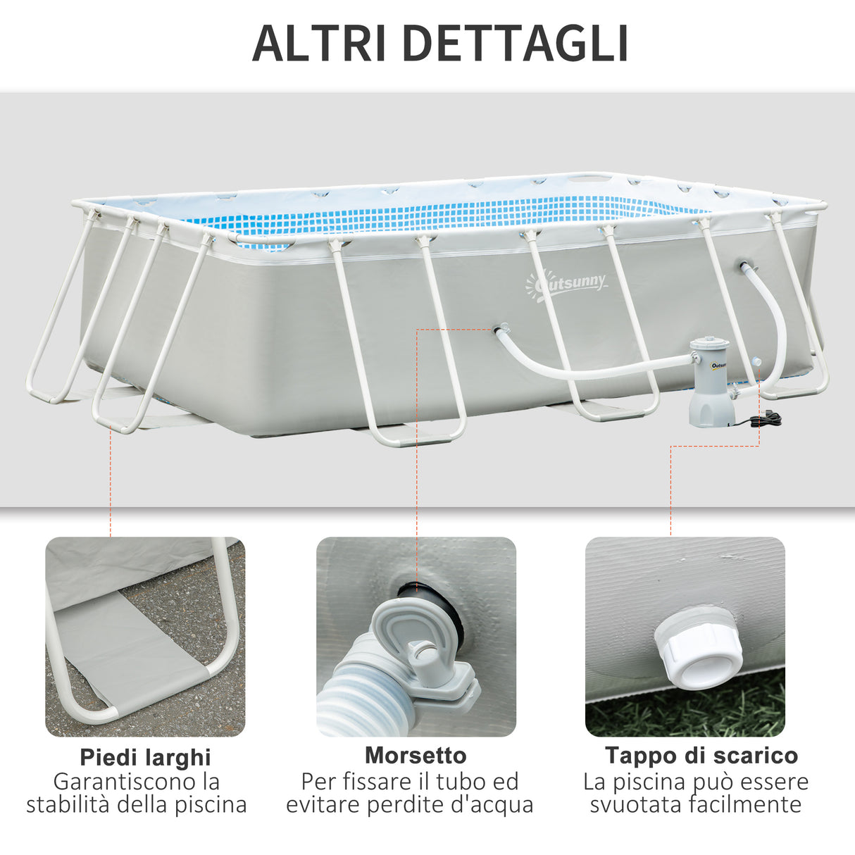 easycomfort easycomfort piscina fuori terra da giardino rettangolare con pompa di filtraggio e telaio in acciaio 340x215x80cm grigia