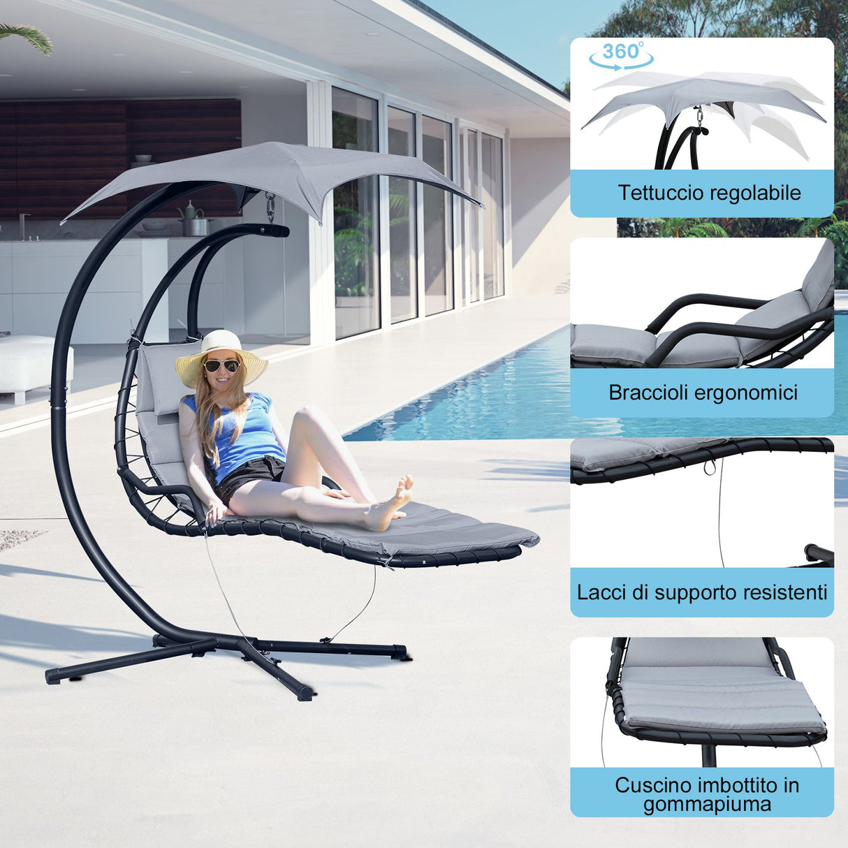 easycomfort easycomfort sdraio da giardino a dondolo relax chaise longue di lusso con tettuccio grigio ean 8055776910420