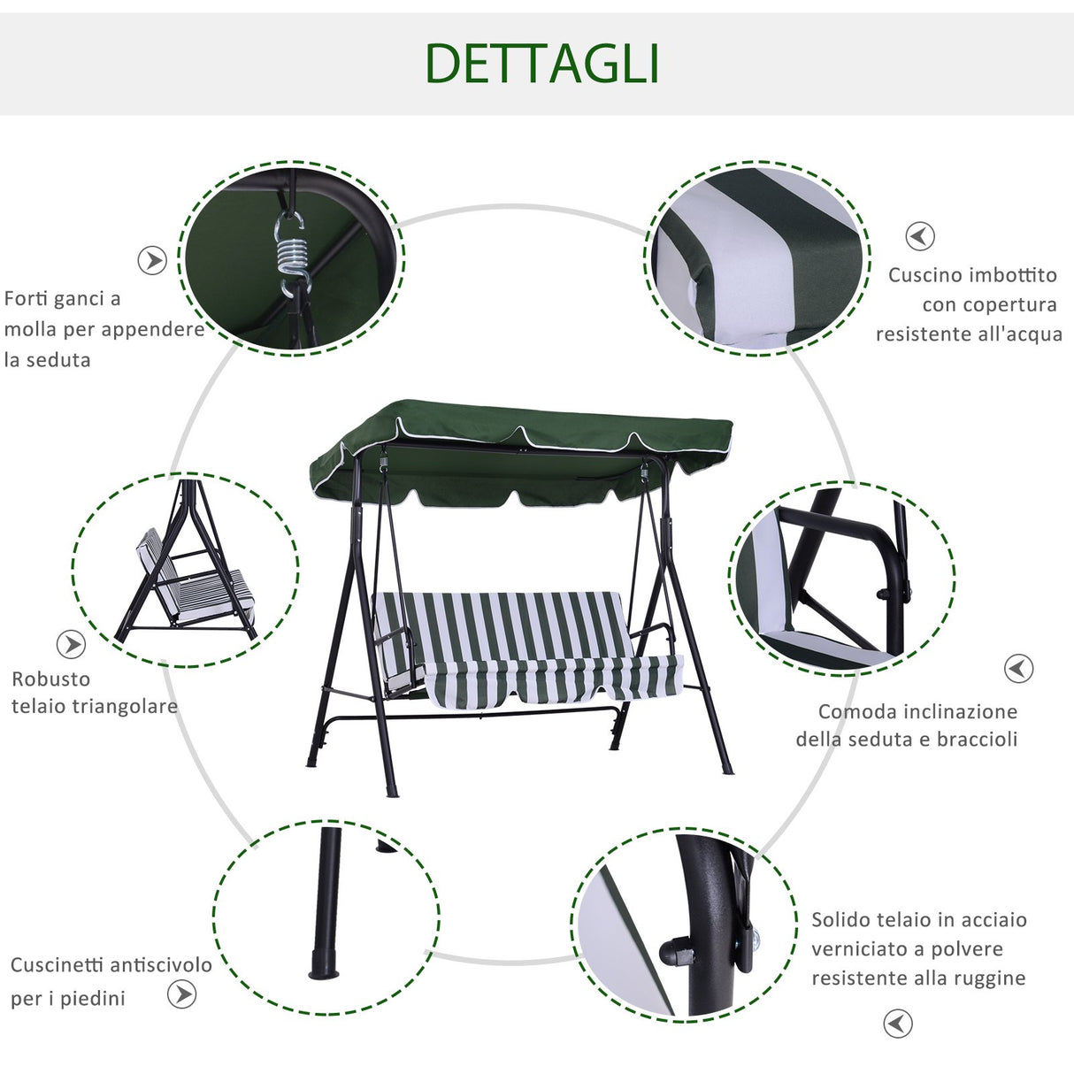 easycomfort easycomfort dondolo da giardino 3 posti con tetto e struttura in acciaio a righe verde e bianco ean 8054144130996