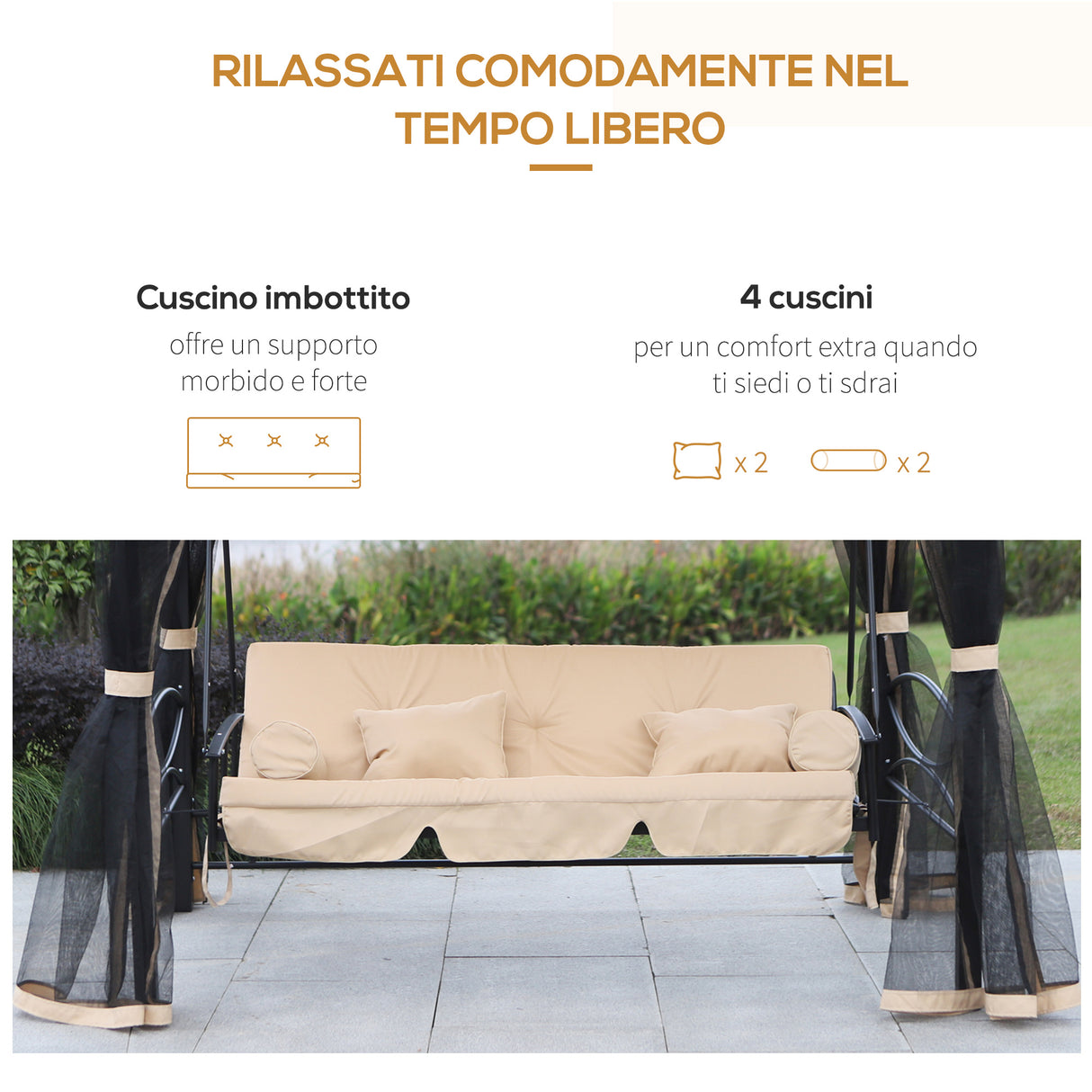 easycomfort easycomfort dondolo 3 posti e lettino singolo copertura a gazebo con zanzariera e cuscini beige 256x172x248cm