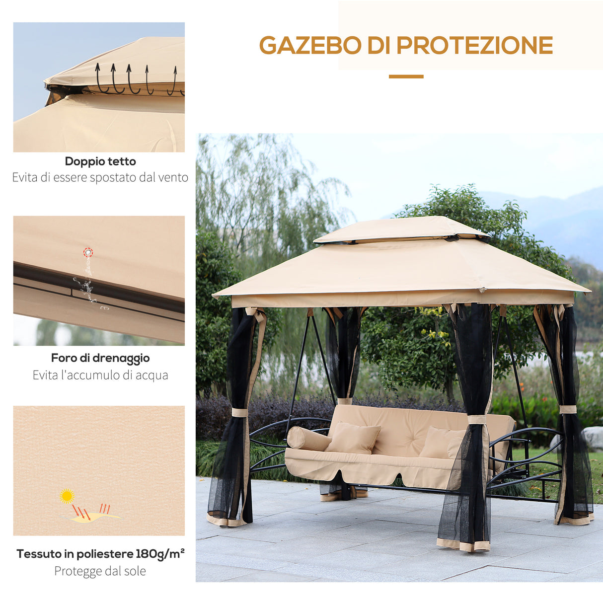 easycomfort easycomfort dondolo 3 posti e lettino singolo copertura a gazebo con zanzariera e cuscini beige 256x172x248cm