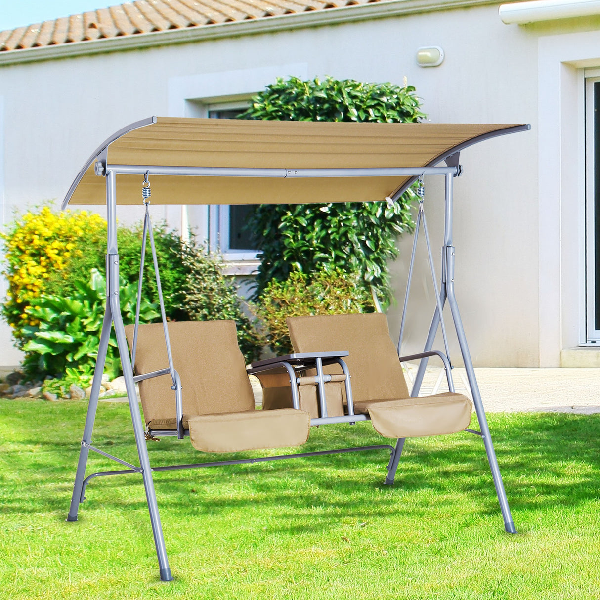easycomfort easycomfort dondolo da giardino 2 posti separati con tavolino e tetto regolabile in metallo 175x112x165cm beige