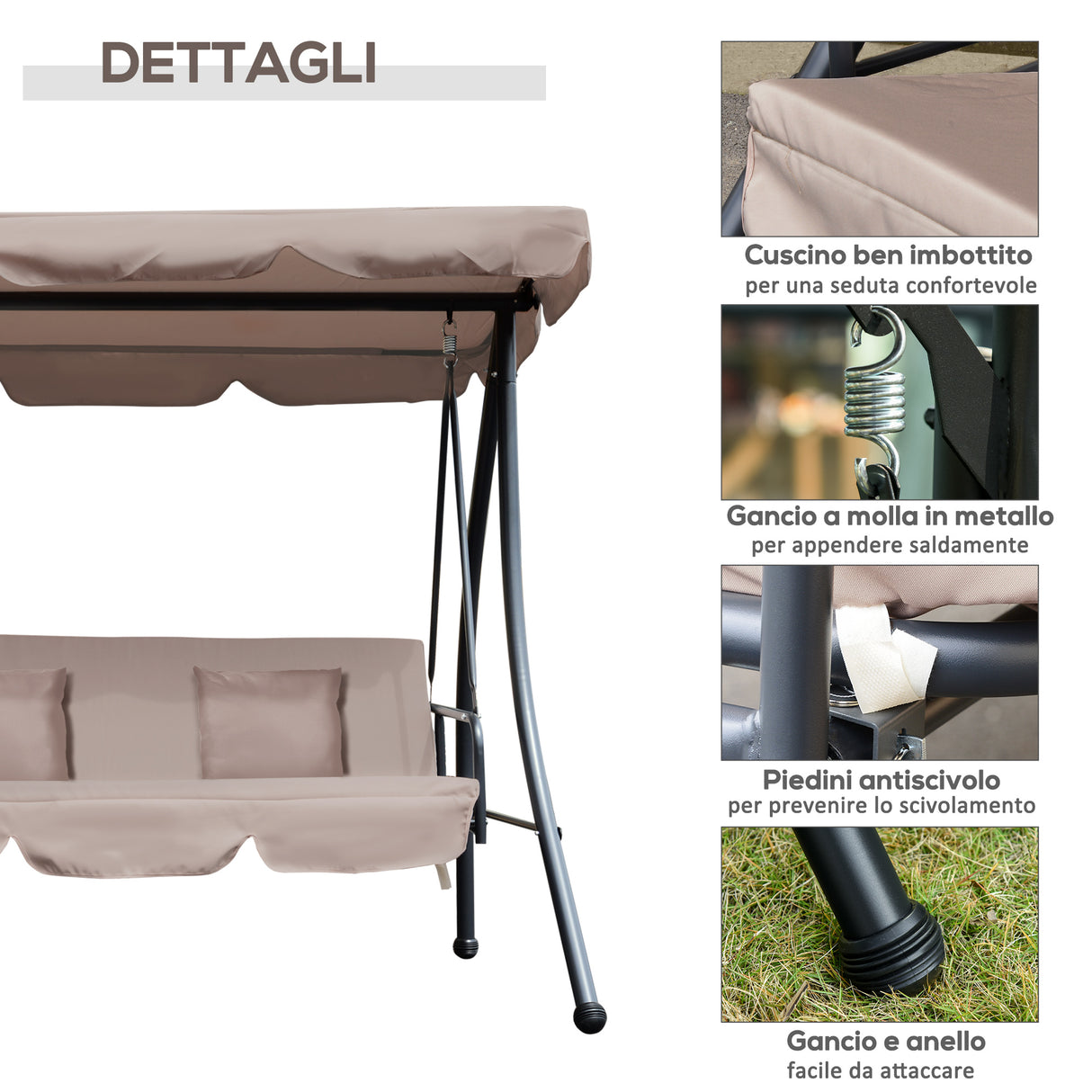 easycomfort easycomfort dondolo da esterni 2 in1 per 3 persone convertibile in letto con tettuccio 200x125x170cm beige