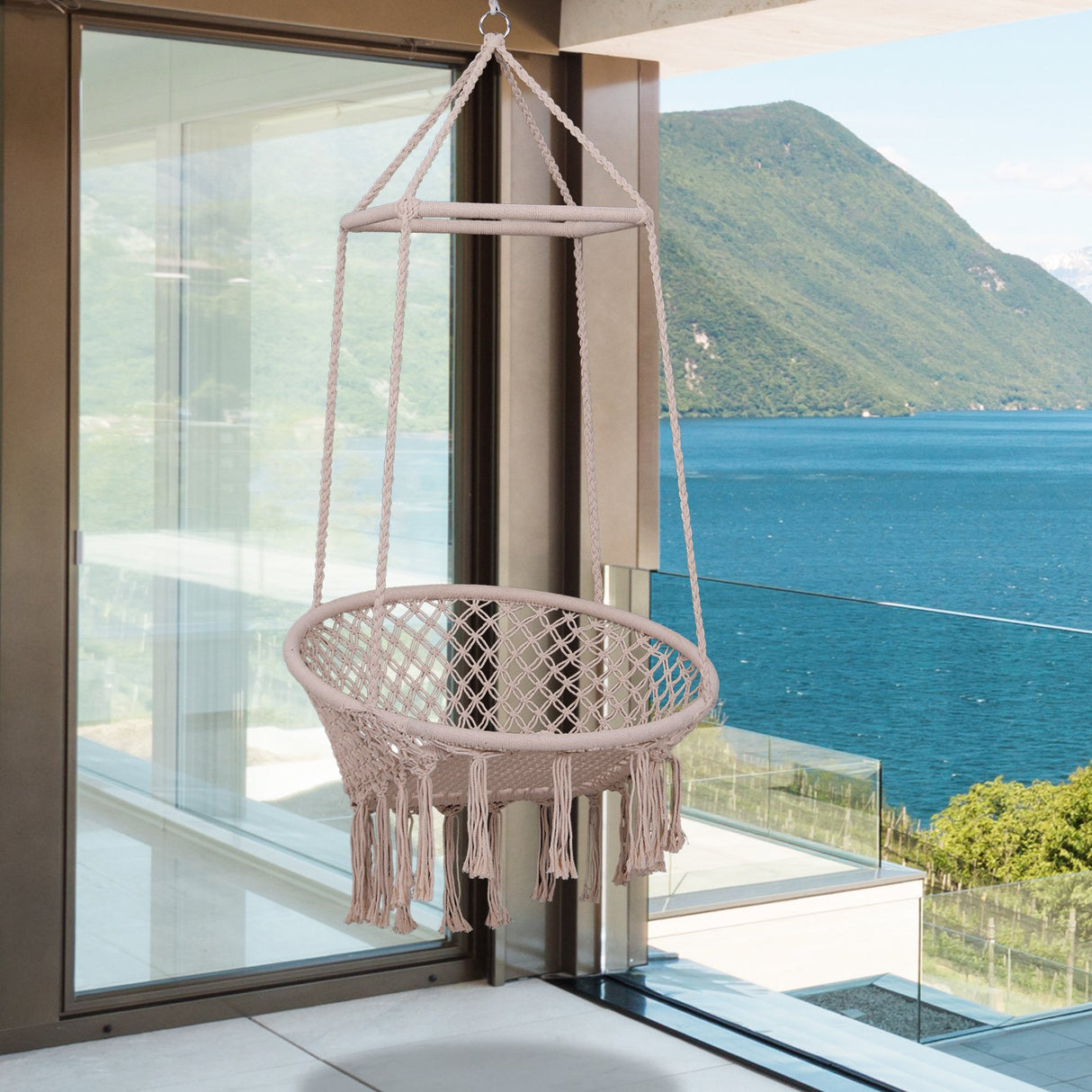 easycomfort easycomfort amaca sedia sospesa ad altalena in legno e corda di cotone beige 80 x 140 cm ean 8054144136455