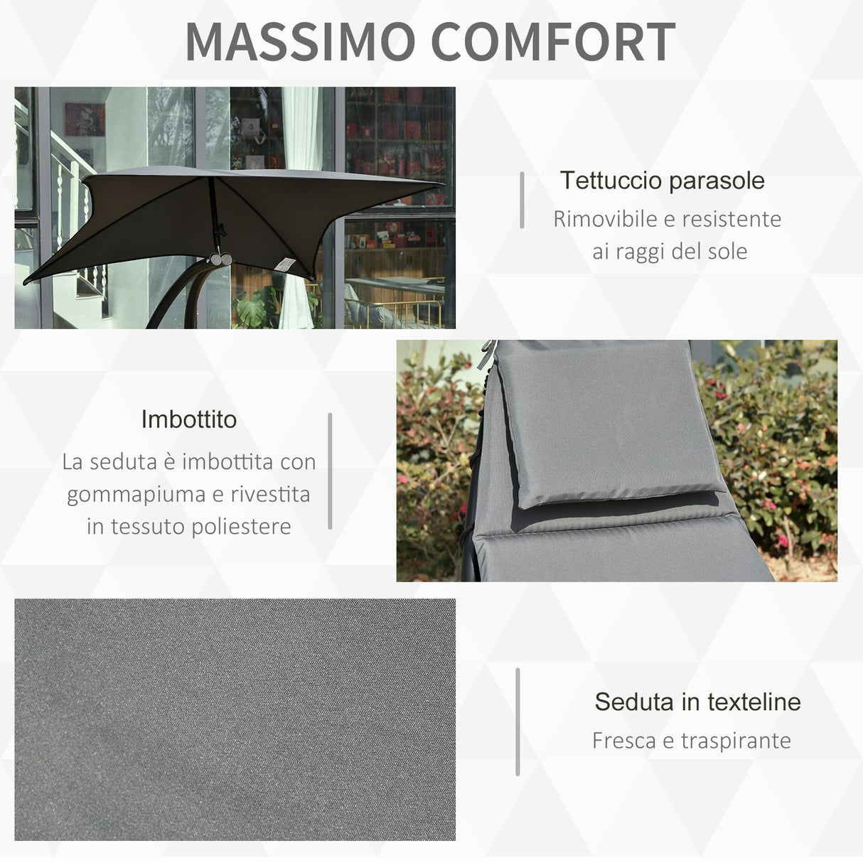 easycomfort easycomfort lettino a dondolo da giardino sdraio prendisole per esterno con seduta imbottita e tettuccio grigio 185x100x190cm ean 8055776914398