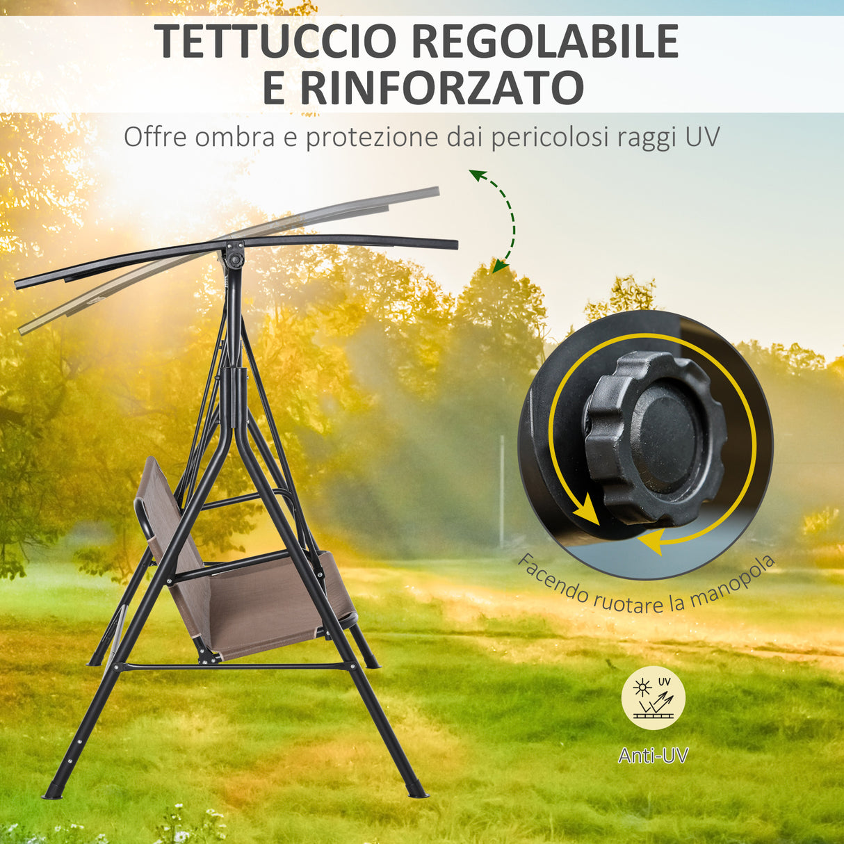 easycomfort easycomfort dondolo da giardino terrazza 3 posti con tettuccio regolabile in metallo e texteline 172x110x155cm marrone