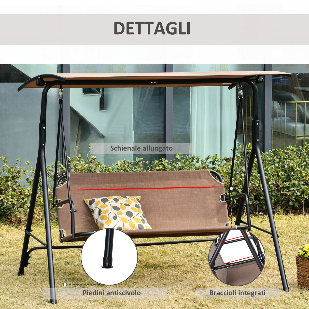 easycomfort easycomfort dondolo da giardino terrazza 3 posti con tettuccio regolabile in metallo e texteline 172x110x155cm marrone