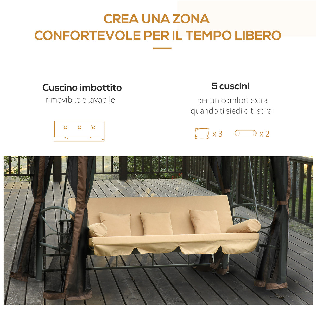easycomfort easycomfort dondolo 3 posti da giardino convertibile in lettino con gazebo con zanzariera e cuscini beige