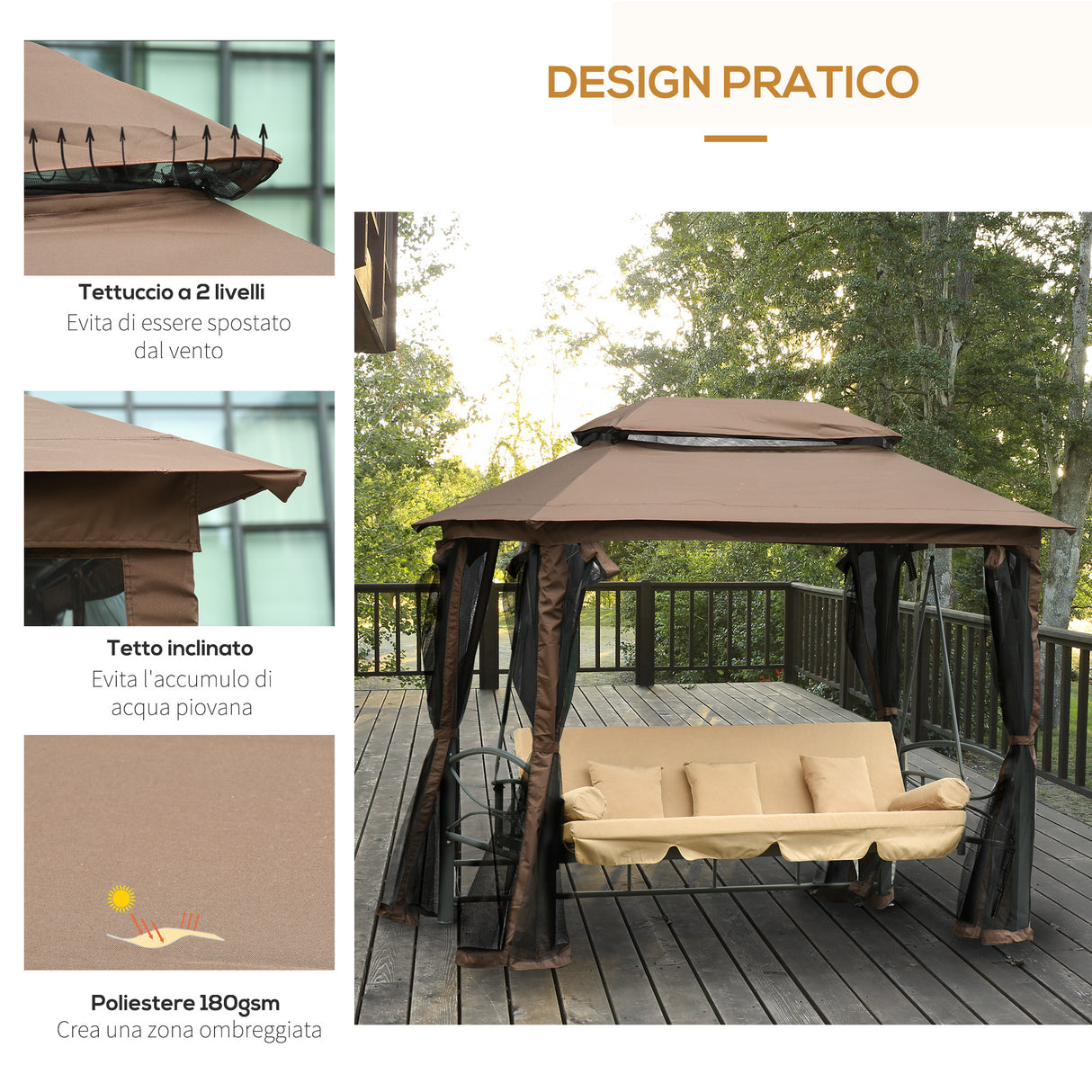 easycomfort easycomfort dondolo 3 posti da giardino convertibile in lettino con gazebo con zanzariera e cuscini beige