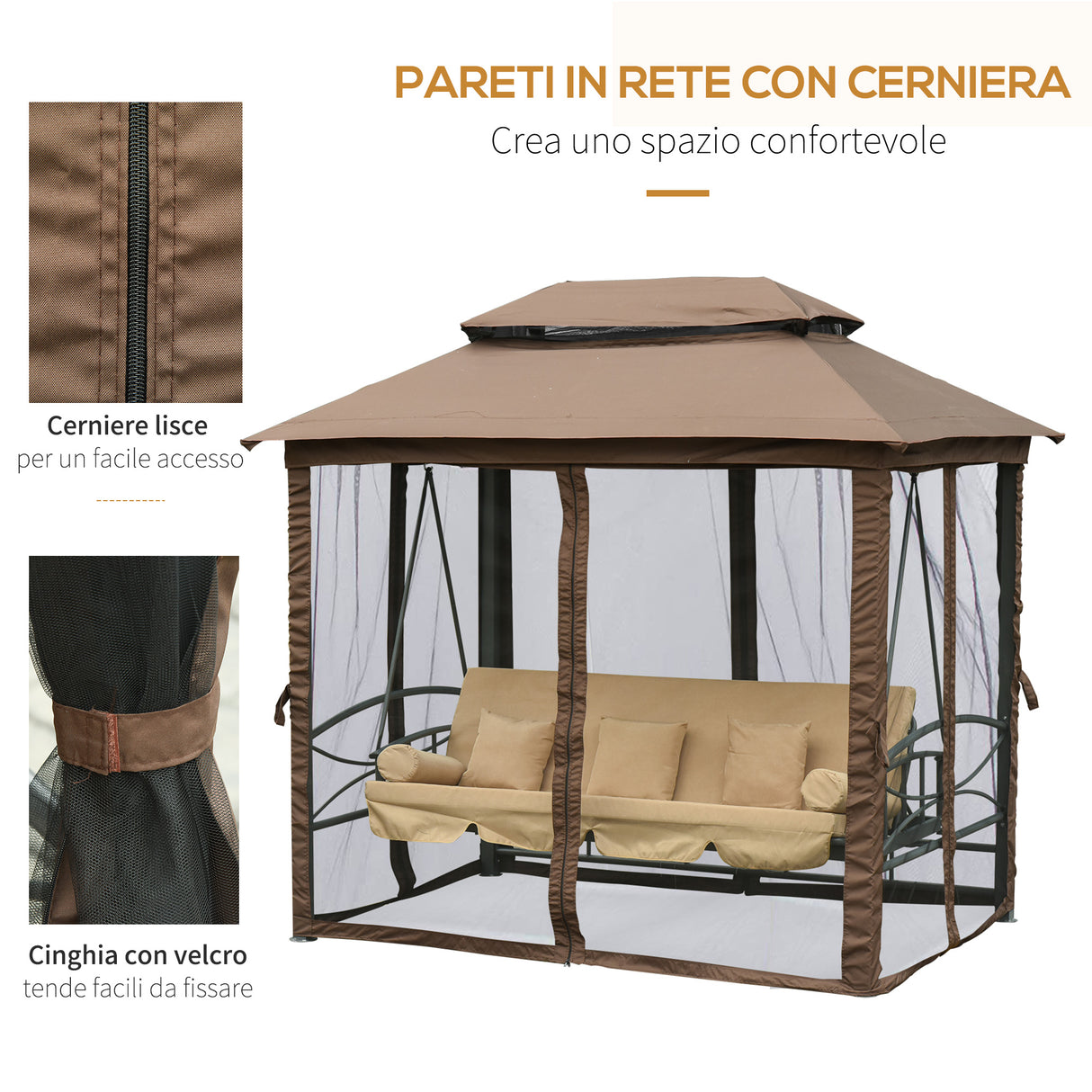 easycomfort easycomfort dondolo 3 posti da giardino convertibile in lettino con gazebo con zanzariera e cuscini beige