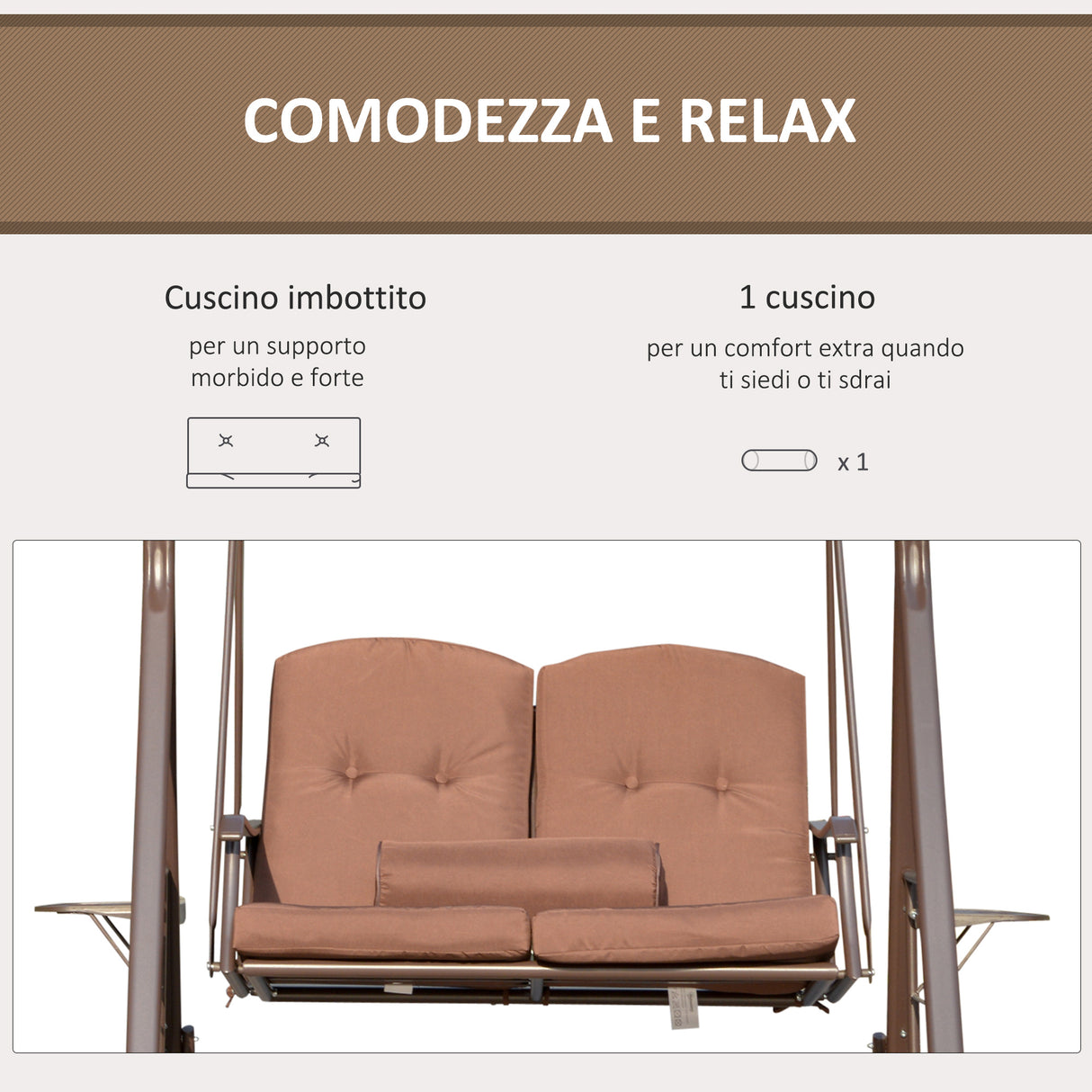 easycomfort easycomfort dondolo da giardino 2 posti con tettuccio regolabile e porta bicchieri 157x118x180 cm marrone